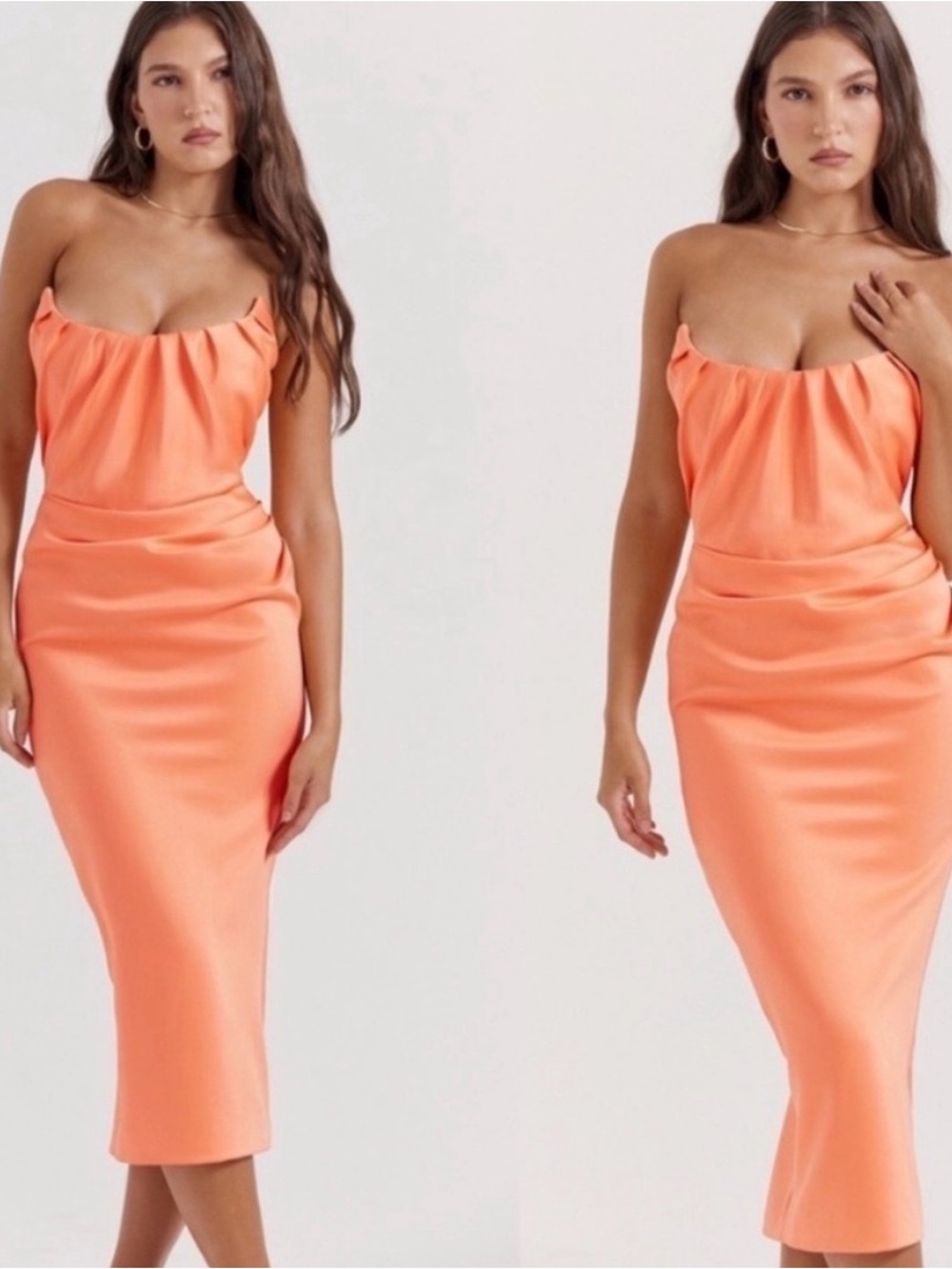 House of cb Strapless Satin Midi Dress in Vibrant Coral